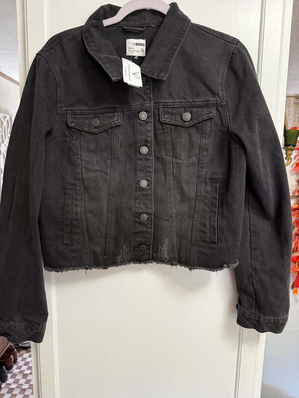 Cisono Denim Collection Black Distressed Raw Hem Denim Jacket XL